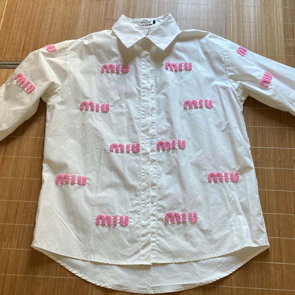 Miu Miu White Button-Down Shirt With Pink Embroidered Logos